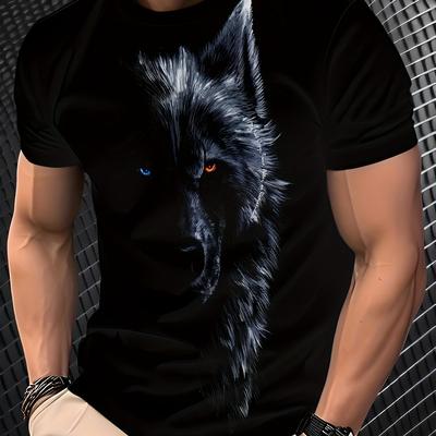 TEMU 1pc Men's 3d Wolf Print T-shirt - Vibrant Eyes, Mystical Design, Comfortable Polyester, Machine Washable, Casual Summer Short Sleeve Crew Neck Top, Wolf Image