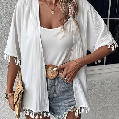 TEMU Recommended Summer Bestsellers For -border Shopping On Amazon: European And Beach Vacation Sun Protection Cardigan With Tassels And Pom-poms. Image