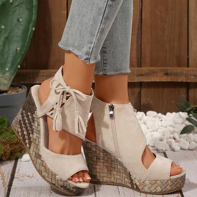 TEMU Beige Women's Wedge Sandals - Thick Sole, Open Toe, Lace-up With Tassel Detail, Cover, Wear, Summer Footwear| Sandals|woven Fabric Upper Image