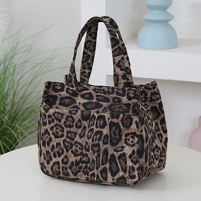 TEMU Chic Leopard Print Women's Tote Bag - Spacious & Stylish With Zip Closure, Nylon Material, In Khaki/coffee/olive Brown Image