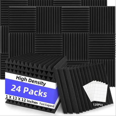 TEMU 24pcs Black High Density Acoustic Foam Soundproof Wall Panels, Double-sided Tape, 12in X 12in X 1in 12 Slots Sound-absorbing Sponge, Very Suitable For Bedroom, Studio And Office Use Image