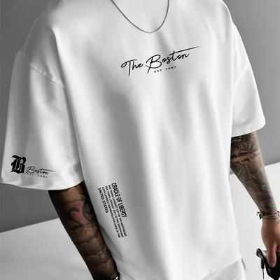 TEMU Men's Boston Graphic T-shirt - Casual Crew Neck, Short Sleeve, Polyester Blend, For Spring & Fall Image