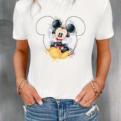 TEMU Women's Cute Cartoon Mouse T-shirt - Adorable Applique Detail, White Short Sleeve Tee For Spring/summer, Casual & , | Design | Applique Shirt Image