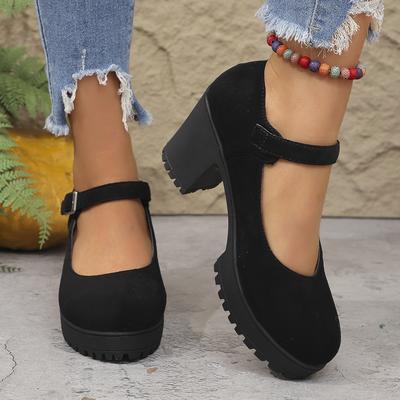 TEMU Chic French Vintage Pumps - Thick Sole Chunky Heel, High Quality Platform Dress Shoes With Cover Upper & Rubber Sole, Black Round Toe , Footwear | Durable Footwear, Cute Shoes Image