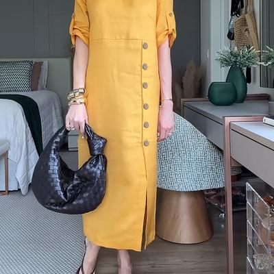 TEMU Spring And Summer Fashion Solid Color Single-breasted Waist-cinched Dress For Women Image