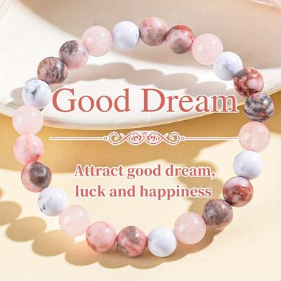 TEMU 1pc Bohemian Natural Stone Beaded Bracelet – Unisex Elegant Jewelry For & Gifting, Handcrafted With Smooth Polished Beads In Pink, White & Gray, Attracting Good , Luck & Happiness Image