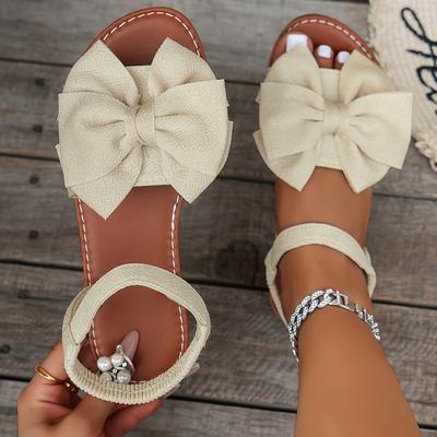 TEMU Chic Women's Bowknot Flat Sandals - Open Toe, Ankle Strap, Casual Summer With Cover Upper & Rubber Sole, Versatile Solid Image