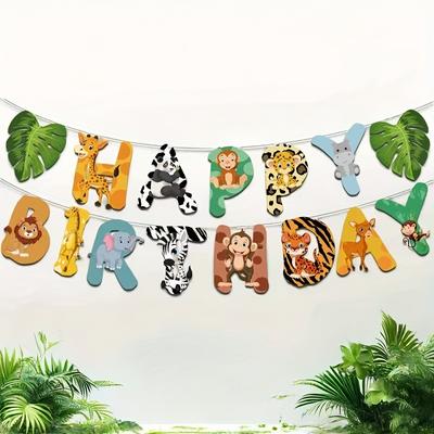 "TEMU 15pcs Birthday Party Banner Set - Vibrant Animal Garland With "happy Birthday" Letters, Mixed Colors, Paper Material, Ideal For Room Decorations And Party Supplies, Birthday Party Decorations" Image