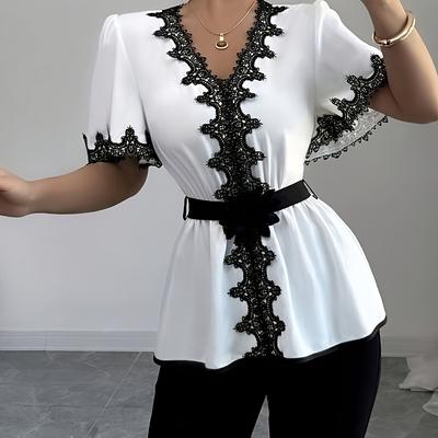 TEMU Elegant Women's V-neck Blouse With Black Lace Trim, Cinched Waist, And Flared Sleeves - White, Loose Fit For Spring/summer/fall, Casual Or Dressy Outfits Image