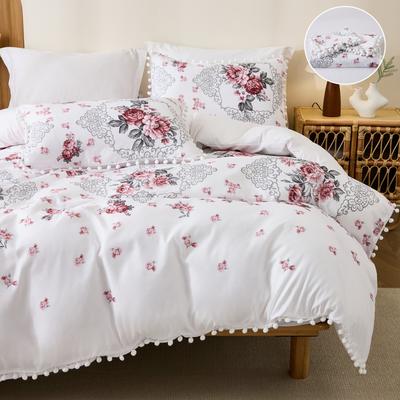 TEMU 3pcs 80g Polyester/polyester Red Pink Floral Quilt Cover Set, Bedding Three-piece Set, 1 Quilt Cover And 2 Pillowcases, Style, Ten Sizes Image