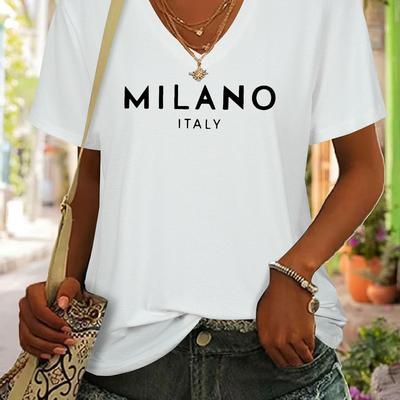 "TEMU Italy Graphic Tee - Casual V-neck Short Sleeve T-shirt With " Italy" Print, Soft Fabric, Spring/summer, Summer Top||" Image