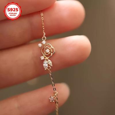 TEMU 1pc 925 Sterling Flower Thin Chain Bracelet Elegant Hand Chain Jewelry Inlaid White Zirconia Image