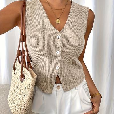 TEMU Solid Color V-neck Front Button Minimalist Commuting Tank Top Image