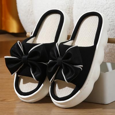 TEMU Women's Elegant Black Bow Slip-on Slippers - Soft Fabric Upper, Non-slip Eva Sole, Breathable Lining, Round Toe Design, Indoor Use, , Slipon Slippers|elegant |breathable Lining Image