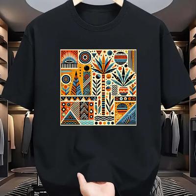 TEMU Men's Bohemian Tribal Print 100% Cotton T-shirt - Vibrant , Regular Fit Short Sleeve, Light Beige-friendly & Breathable For Casual Streetwear, Outdoor Activities, , T-shirt Stylish Image