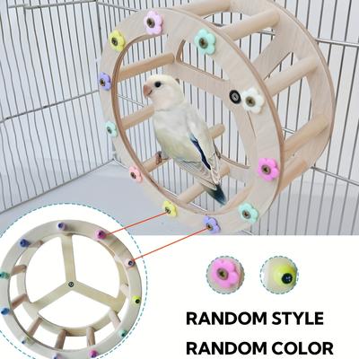TEMU 1pc Wooden Parrot Exercise Wheel Toy - Colorful Rotating Treadmill For Bird Cage, Promotes Mental Stimulation & Physical Activity, Random Accessories Image