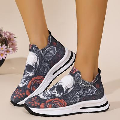 TEMU Women's Plus Size Slip-on Casual Sneakers - Breathable Knit Fabric Upper, Tpr Sole & Cushioned Insole, Skull & Rose For Image