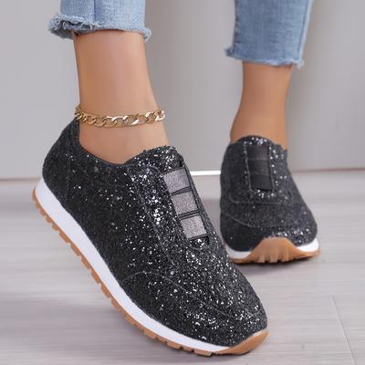 TEMU Women's Glittery Golden Casual Sneakers - Round Toe, Lace-up With Sparkling Sequins, Comfortable Fabric Upper & Rubber Sole For Wear Image