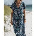 Femmes Robe Longue Maxi Robe Robes en coton et lin Robe Décontractée Robe bohème Robe occidentale Mode Extérieur Soirée Fête Coupe régulière Fleur Manche Courte Col en V Noir Bleu Violet Marron Été