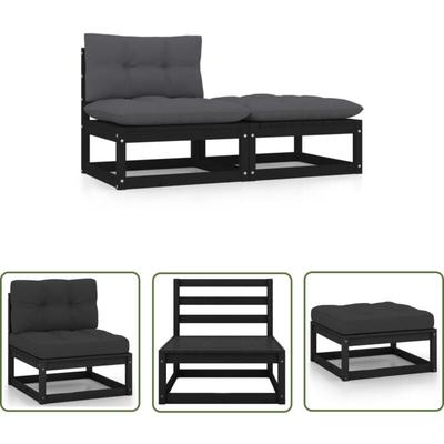 2-tlg. Garten-Lounge-Set mit Kissen Schwarz Kiefer Massivholz - Garten Lounge Set Image