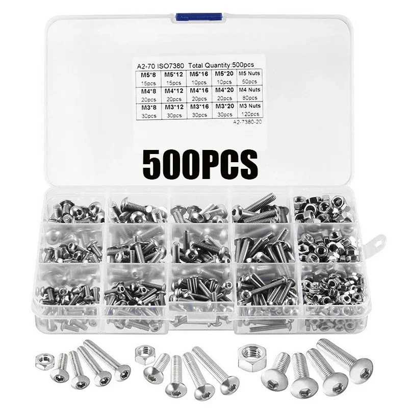 500/440 PCS Sechskant-Innensechskantschrauben-Set aus Edelstahl M2, M3, M4, M5, flache Rundkopfschrauben, Bolzen und Muttern, Inbusschrauben-Set Image