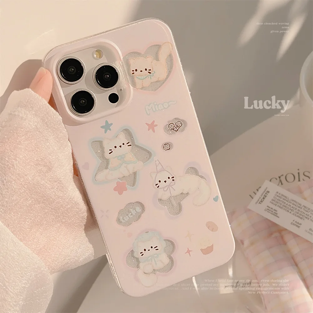 Koreanische Glitter Cartoon Nette Katzen Klare Weiche Telefon Fall Für iphone 16 15 14 13 12 11 Pro max 16 Plus Kawaii Stoßfest Zurück Abdeckung Image