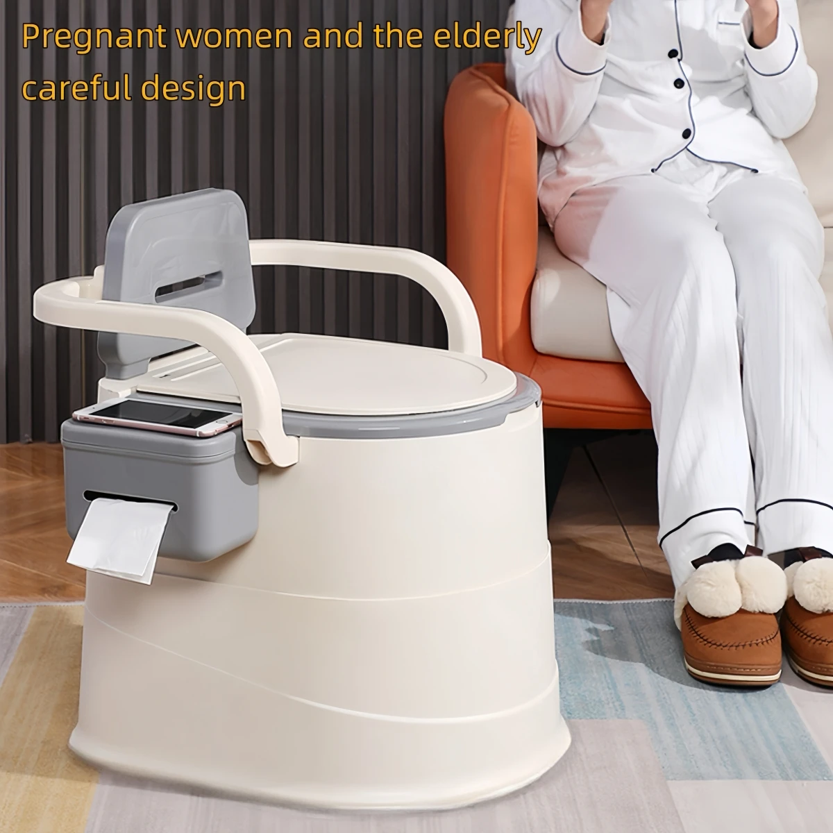 1-teilige tragbare Toilette in Grau/Rosa mit ergonomischer Rückenlehne und Deckel, geeignet für Camping, Outdoor-Aktivitäten, Badezimmer, Schlafzimmer, Balkon, Wandern, Reisen, schwangere Frauen,