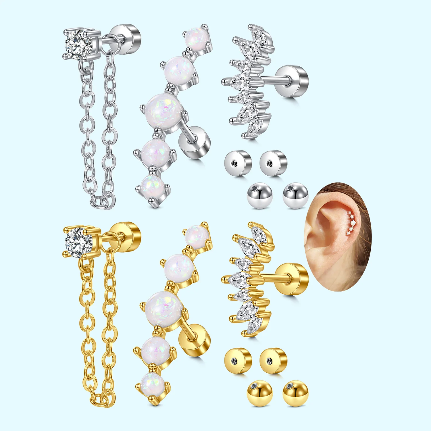 16G Edelstahl-Ohrstecker – Zirkonia-Knorpel- und Tragus-Piercing-Schmuck, perfekt für den täglichen Gebrauch oder als Geschenk Image