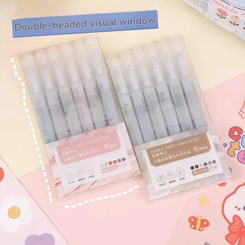 6 Farben/Set Einzigartiger Textmarker mit doppelter Spitze, Pastellfarben, Mittellinien-Textmarker, Marker, Schule, Schreibwaren Image