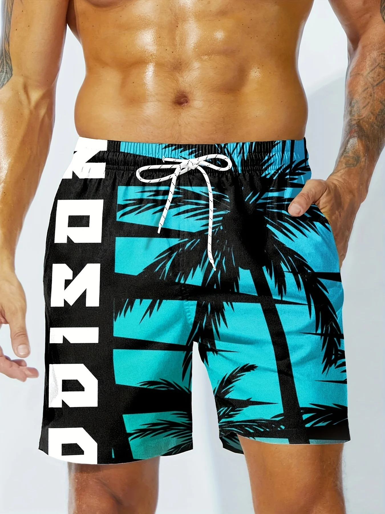 Hawaii-Badehose für Herren, 3D-Farbverlauf, Palmen-Druck, Strandshorts, schnell trocknend, Outdoor, Freizeit, Sport-Shorts, modische Herren-Shorts Image