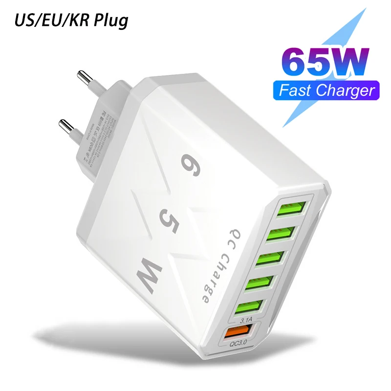 65 W 6 Ports USB Ladegerät Schnelle Lade QC 3,0 Reise Ladegerät 6 in 1 Für iPhone Samsung Xiaomi Telefon tablet Adapter EU KR UNS Stecker Image