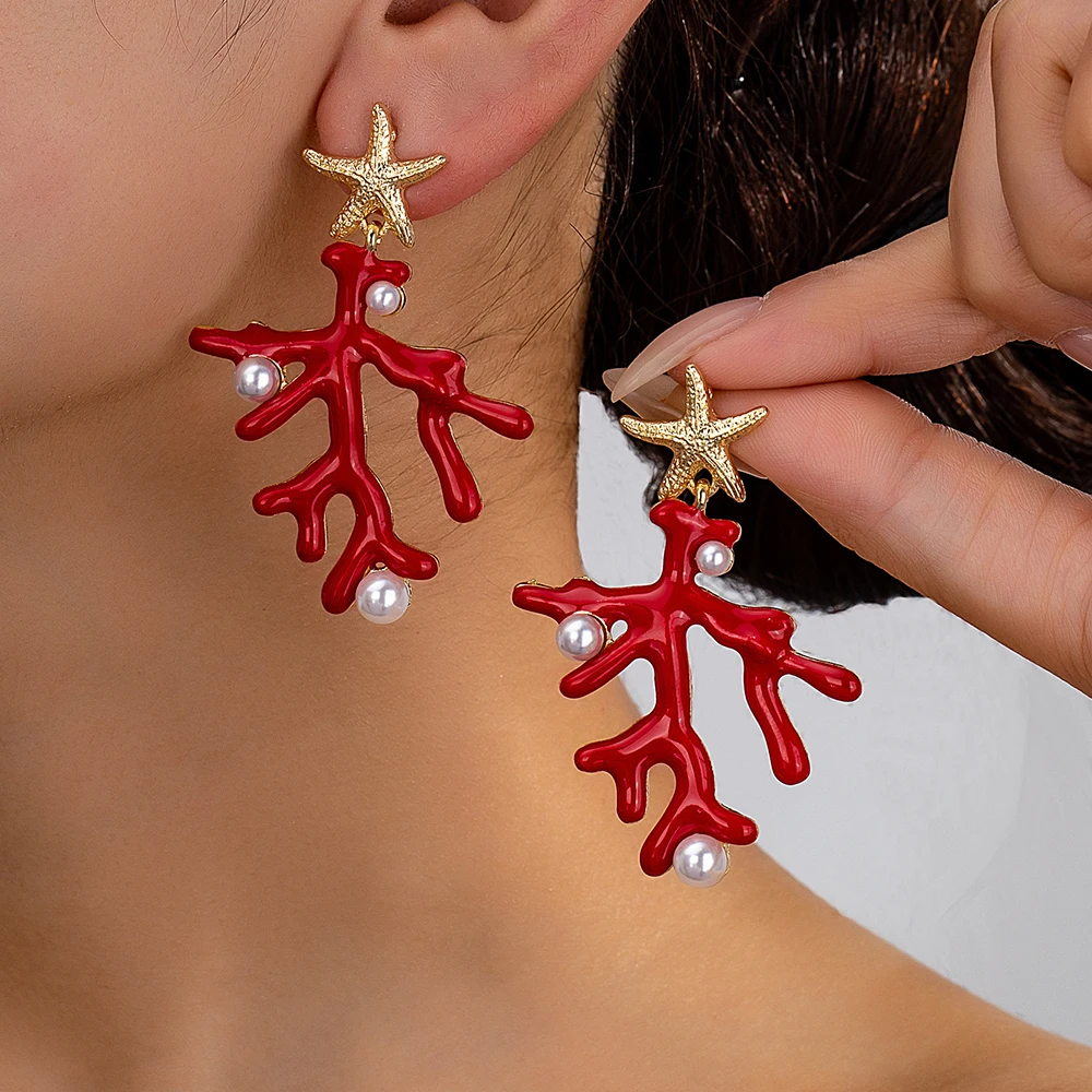 Mode Rote Korallen Ohrring Exquisite Metall Korallenförmige Ohrringe Ozean Stil Perle Seestern Schmuck Frauen Partei Schmuck für Geschenk Image