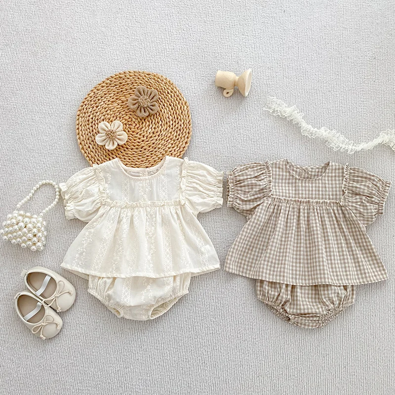 Mädchen Sommer Mode Set Kinder Gesticktes Gitter Puff Sleeve Top + Shorts Zwei Stück Nette Baby Mädchen Kleidung Set baby Kleidung Image