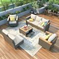 8-Piece Wicker Outdoor Patio Furniture Set Rattan Patio Swivel Rocking Chairs Set of 2 with Storage Table & Thick Cushion Wicker Conversation Set for Outdoor Couch Backyard Beige