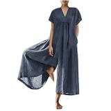 Hvyesh Plus Size Jumpsuits for Women Casual Cotton Linen One Piece Overalls Short Sleeve Wide Leg Loose Rompers with Pocket