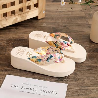 TEMU Elegant Bohemian Floral Women's Flip Flops With Open Toe, Breathable Fabric Strap, Cushioned Eva Sole, Black And White Summer Beach Sandals For Vacation Image