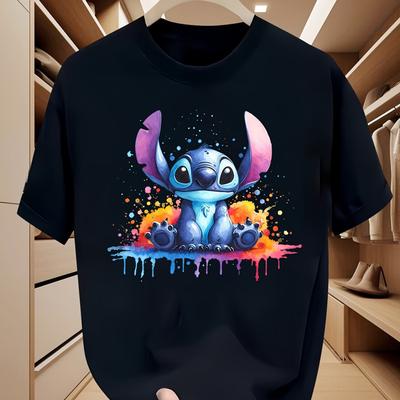 TEMU 1pc Stitch Men's T-shirt - Black Casual & Comfortable Round Neck Tee With Vibrant Splash Art Print, Breathable Polyester Blend For Summer Wear, Sports, Travel, And Gift , Shirt Image