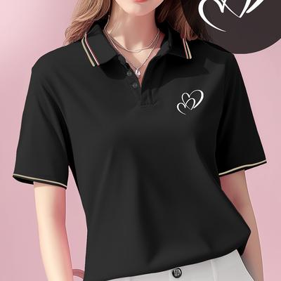 TEMU Women's Navy Blue Shirt With Heart Print - Casual Short Sleeve Top For Summer, Lightweight Fabric, Casual Attire|heart Print Top|pullover Style Image