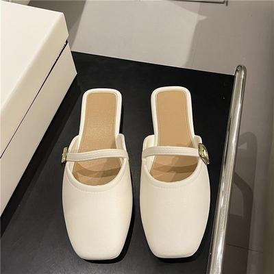 TEMU Women's Summer Beige Slip-on Mules, Lightweight Low Heel Shoes With Metallic Strap, Closed Toe Tpu Sandals For Casual Outdoor Wear, Ladies Dress Shoes Image