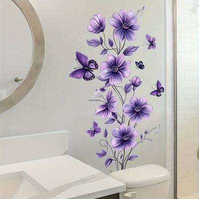 TEMU Elegant Purple & Floral Wall Sticker - Self-adhesive Pvc Decor For Bedroom, Living Room, Or Window - Easy To Remove, Reusable, Decor | Floral Pattern | Sticker, Decorations Image