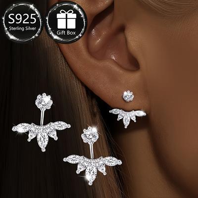 TEMU 1 Pair Of S925 Sterling Silvery Flower Synthetic Zirconia Earrings, 2 Ways To Wear, Sparkling, Suitable For Banquets, Parties, Commuting, Hypoallergenic Image