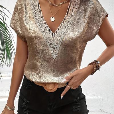 TEMU Solid Color V-neck Lace Short-sleeve Women's Top Image