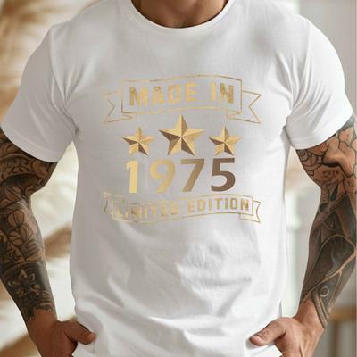 TEMU [1pc 1975 T-shirt] 1975 Print Men's T-shirt - Polyester Geometric Pattern Casual Crew Neck Tee With Stretch, Knit Fabric Regular Fit Summer Top Image