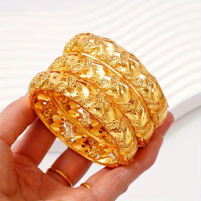 TEMU 3pcsgolden Open Bracelet Elegant Carved Design Middle East Ramadan Festival Gift Women's Fashion Bridal Hand Ornament Ethnic Style Luxury Bracelet Image
