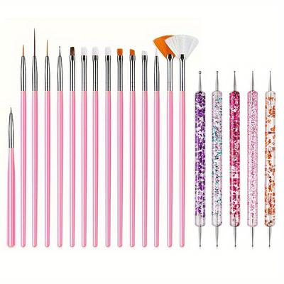 TEMU 20pcs Nail Art Brush Set With Dotting Tools & Silicone Pens - Unscented, Acrylic, Gel & Uv Polish Designs | Includes Brushes With Clear Handles & Patterned Handles For Creative Image