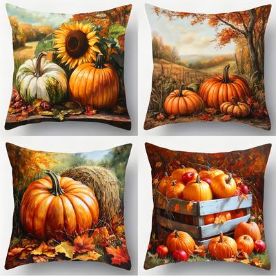 TEMU 4pcs Set Of Autumn And Thanksgiving Pumpkin, Maple Leaf And Sunflower Autumn Sofa Pillowcase - Machine Washable, Zipper Closure, Suitable For Living Room, Bedroom Decoration - 18x18 Inches Image