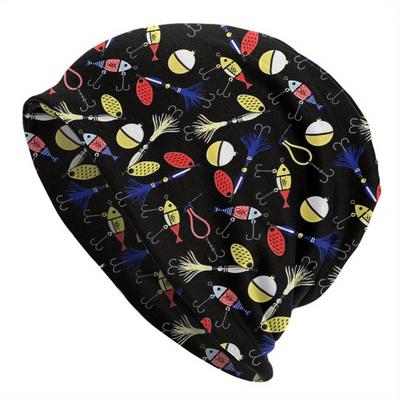 TEMU Fishing Lure Pattern Knit Cap For Men - Funky Style Polyester And Spandex , Unisex Hip Hop Windproof Hat For Image