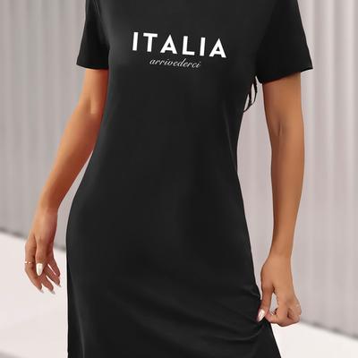"TEMU Women's "italia" Graphic Tee Dress - Casual Black Short Sleeve Crew Neck, Stretchy Polyester , Machine Washable, Summer & Spring" Image