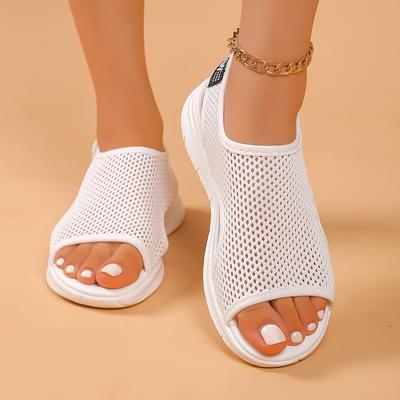 TEMU Women's Summer Slides, Casual Open Toe Slip-on Sandals, Solid Color Fabric Upper With Rubber Sole And Synthetic Insole, Breathable Mesh Design Image