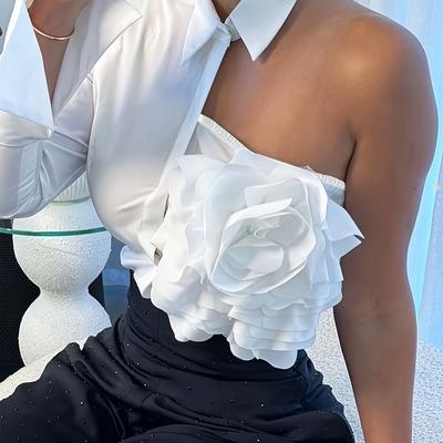 TEMU Women's Sexy Off-shoulder Blouse - Semi-sheer Solid Color Top With Floral Accents, Machine Washable Spring/summer Shirt For Casual & Formal Outfits Image